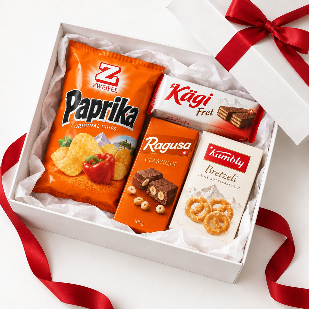 Swiss Craves Signature Box mit Zweifel Paprika Chips, Kägi, Ragusa und Kambly Bretzeli
