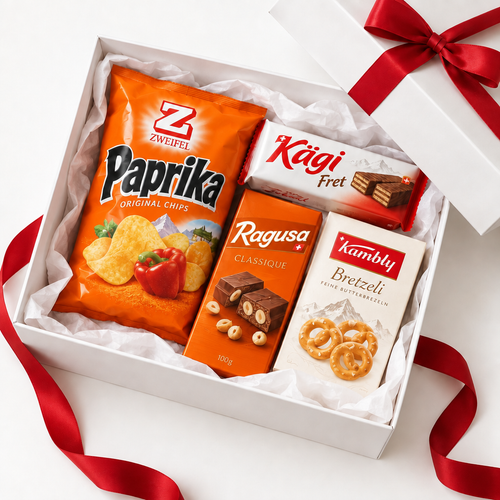 Swiss Craves Signature Box mit Zweifel Paprika Chips, Kägi, Ragusa und Kambly Bretzeli